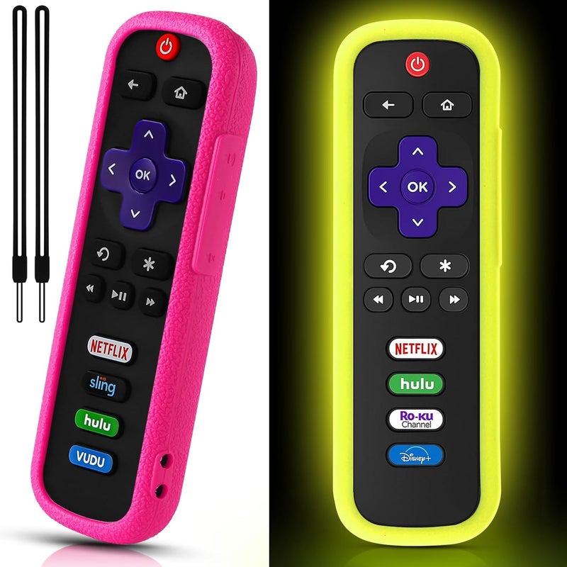 SOTATOO Roku TV Remote Case, 2 Pack, Silicone Protective Controller, Glow in the Dark Yellow and Rose Red, Easy to Find Your Remote Anywhere - Image 1